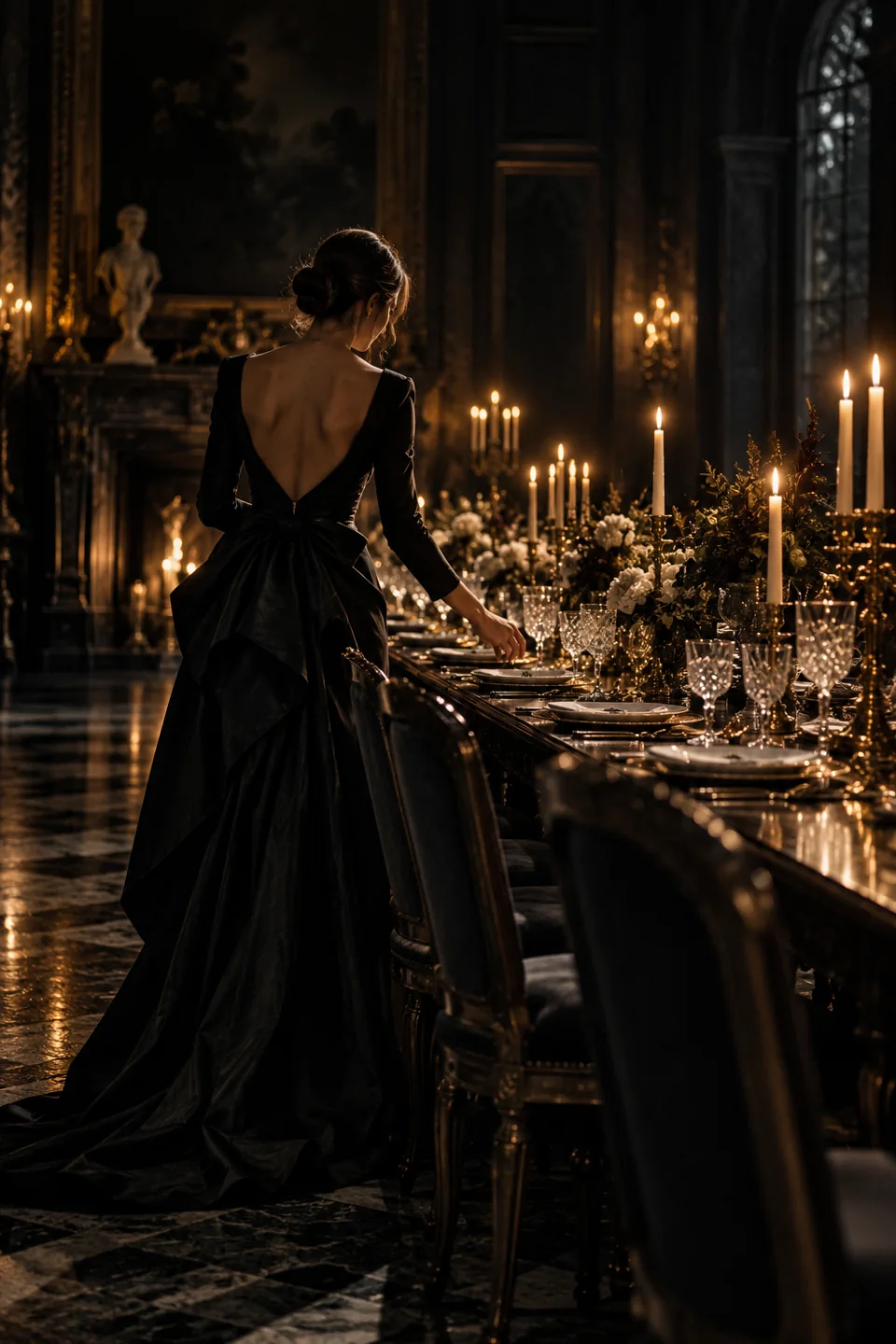 A person in a black gown arranging a long candlelit banquet table alone