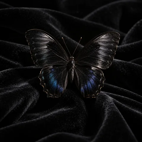 A black butterfly resting on dark velvet