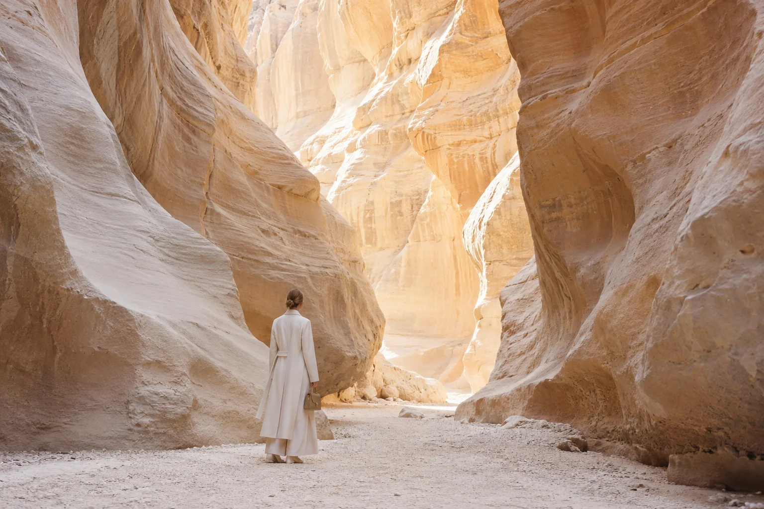 A lone figure walking through a narrow sunlit sandstone canyon
