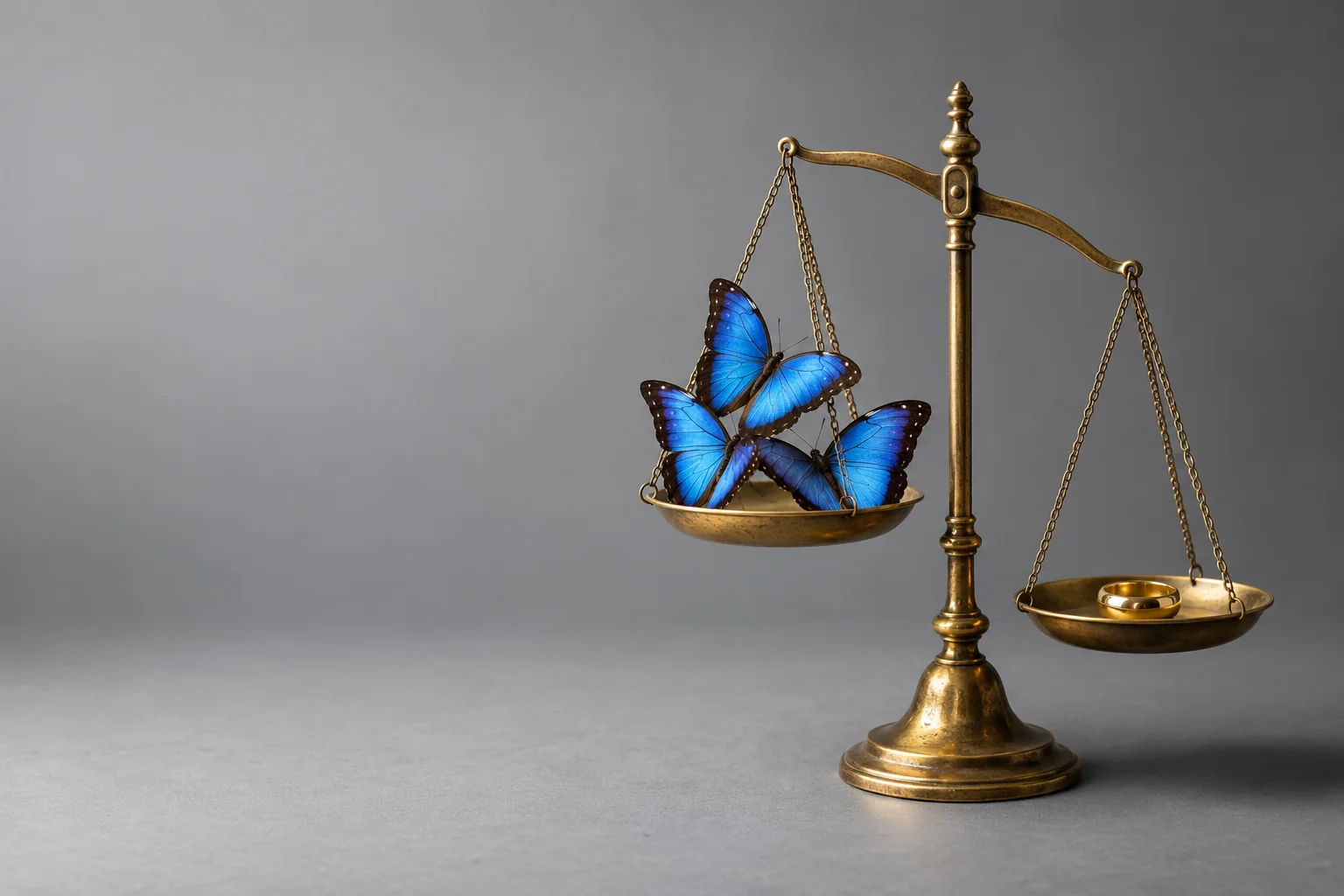 A brass balance with blue butterflies in one pan and a gold ring in the other