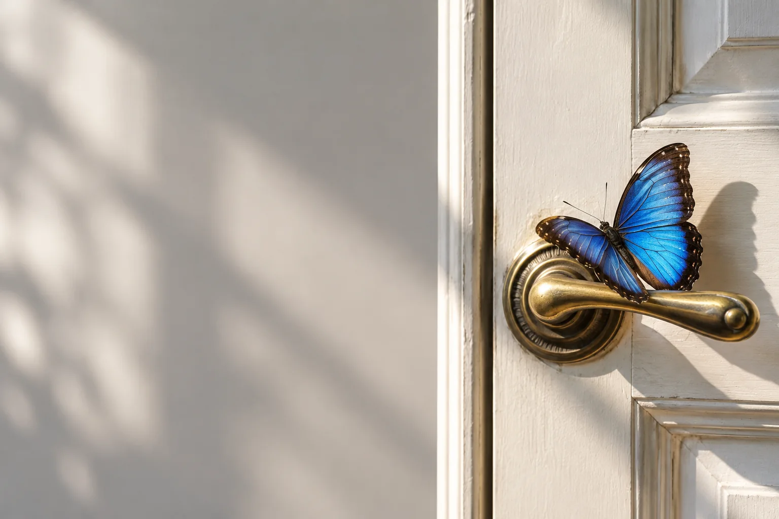 A blue butterfly resting on a brass door handle, leaf shadows on the wall beside it
