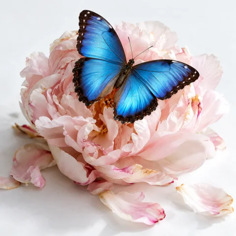 A blue butterfly on a pink peony past its peak, fallen petals around it