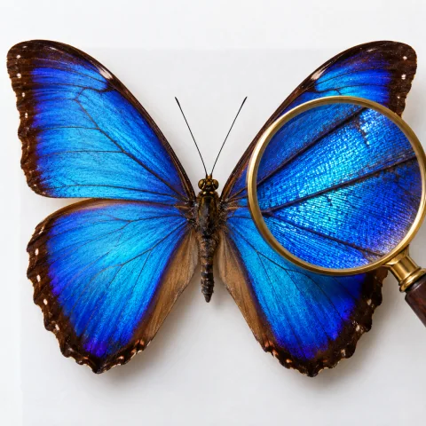 A blue butterfly specimen examined under a magnifying glass