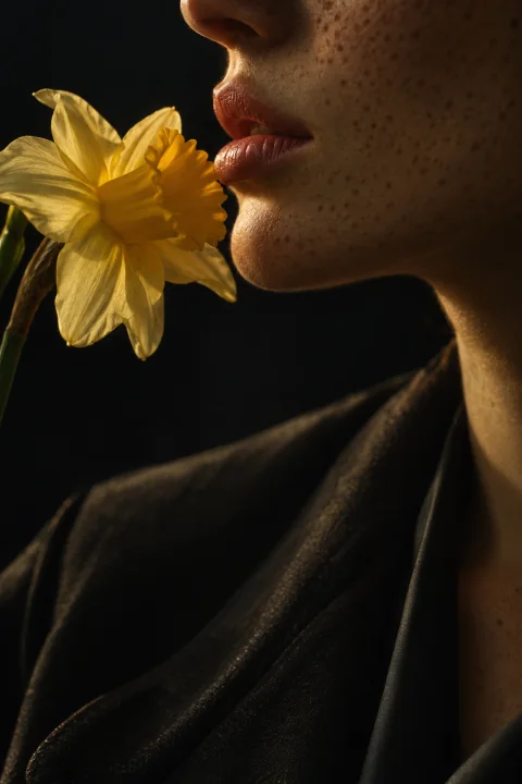 A close portrait in warm light, a yellow daffodil held to the lips