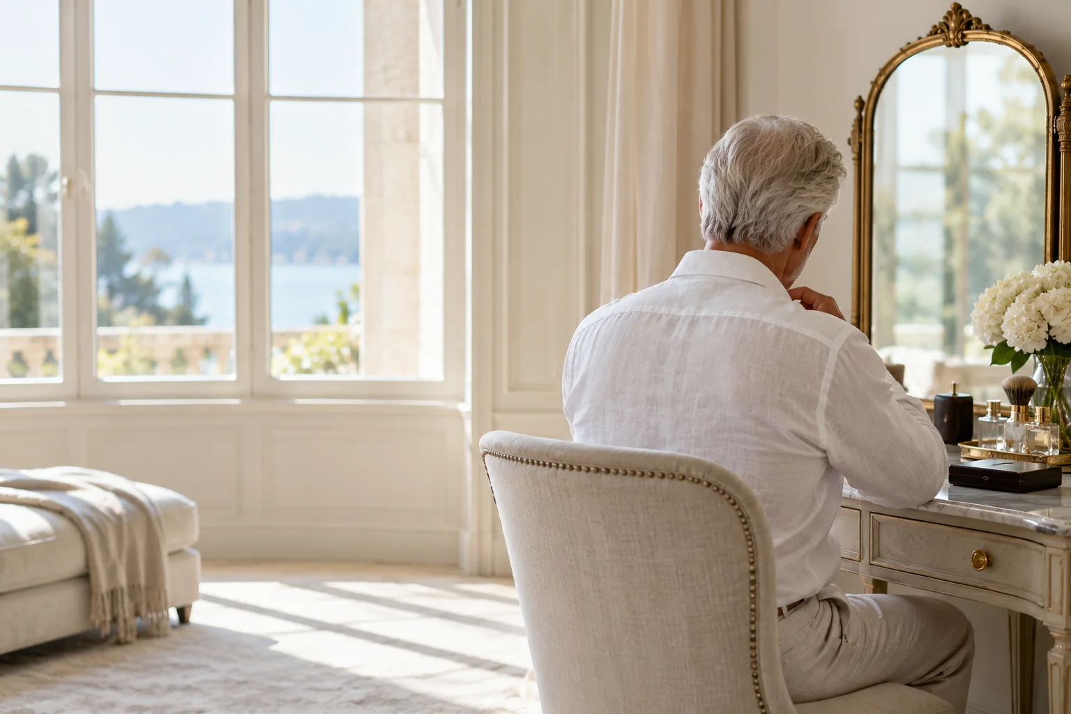 A grey-haired person seated at a dressing table by tall windows that look out over a lake