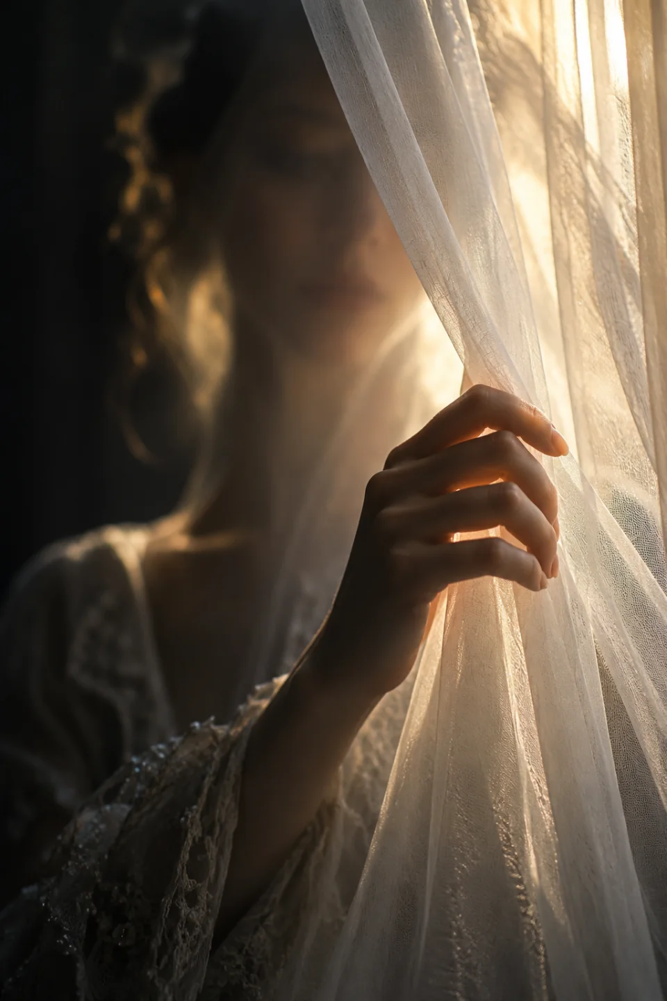 A hand drawing back a sheer veil in warm light