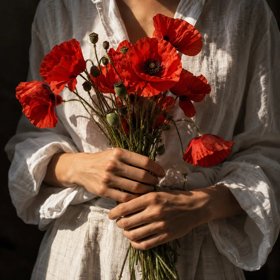 Two hands holding a bunch of red poppies against a white linen shirt