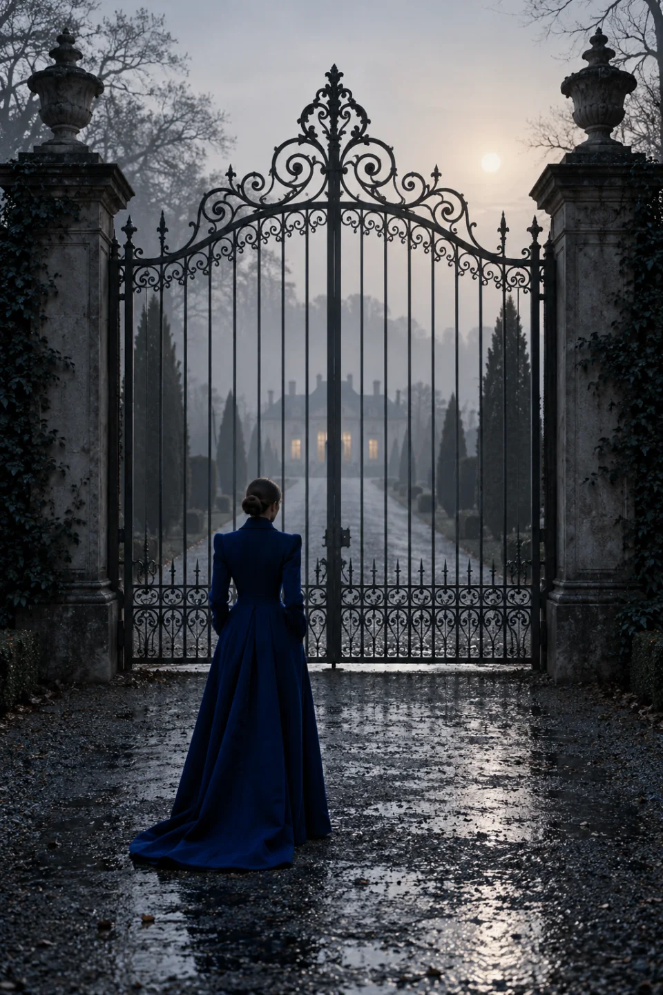 A figure in a long navy coat facing tall wrought iron gates on a foggy evening