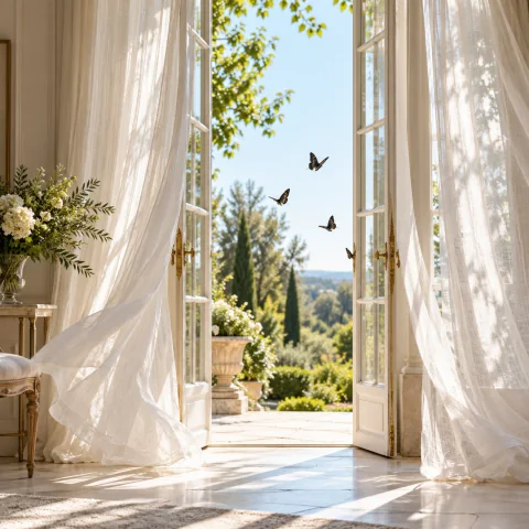 Tall windows open onto a sunlit garden, curtains lifting and butterflies flying out