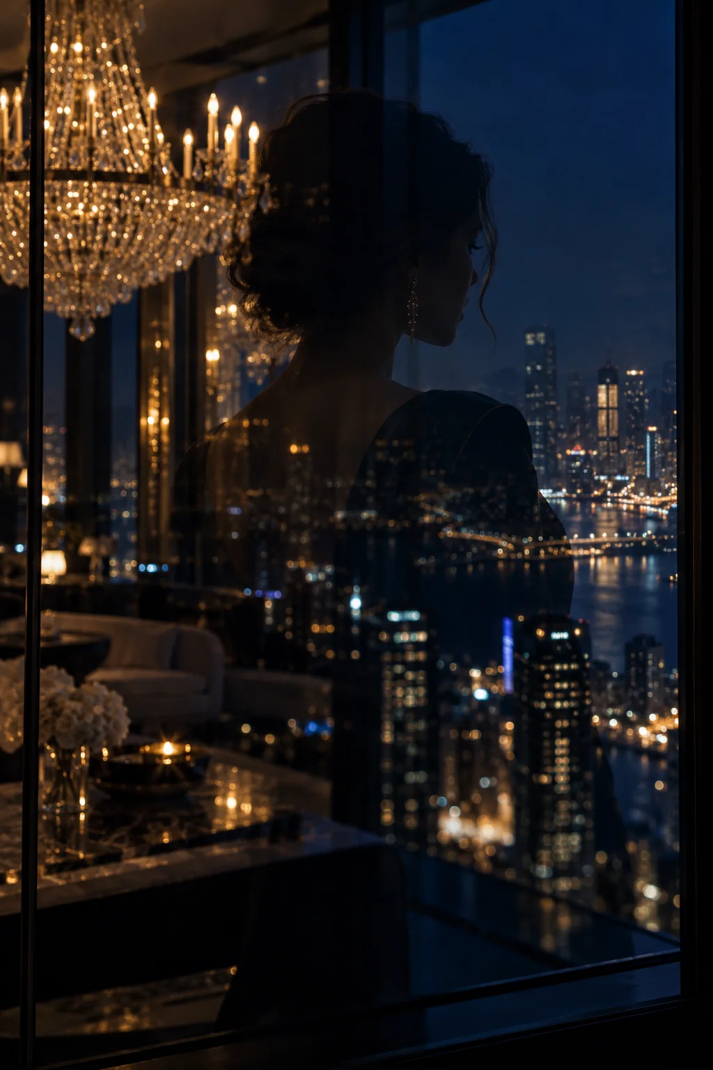 A reflection in a penthouse window at night, a lit chandelier behind and the city lights far below