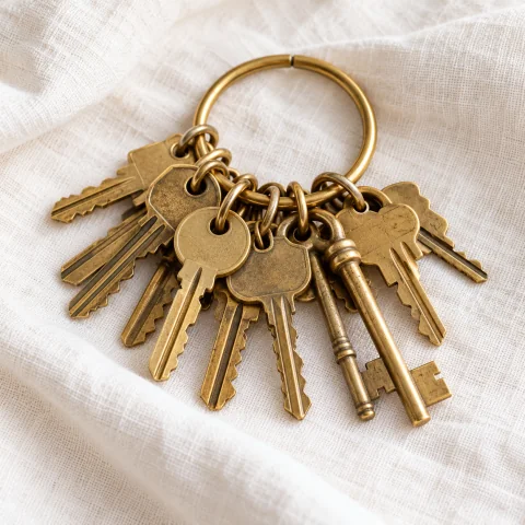 A ring of brass house keys on white linen