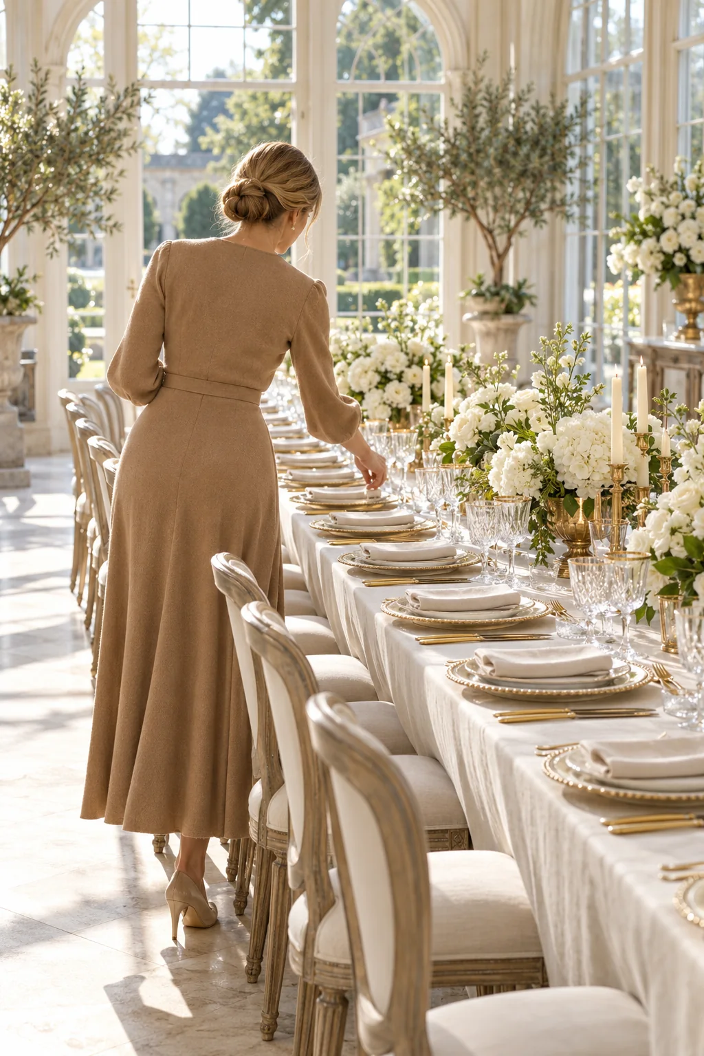A person in a camel dress setting a long dining table for twenty in a sunlit conservatory