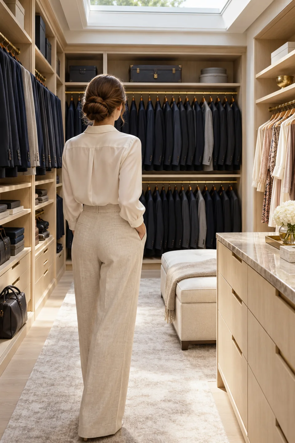 A person in cream standing in a walk-in wardrobe filled mostly with men's suits